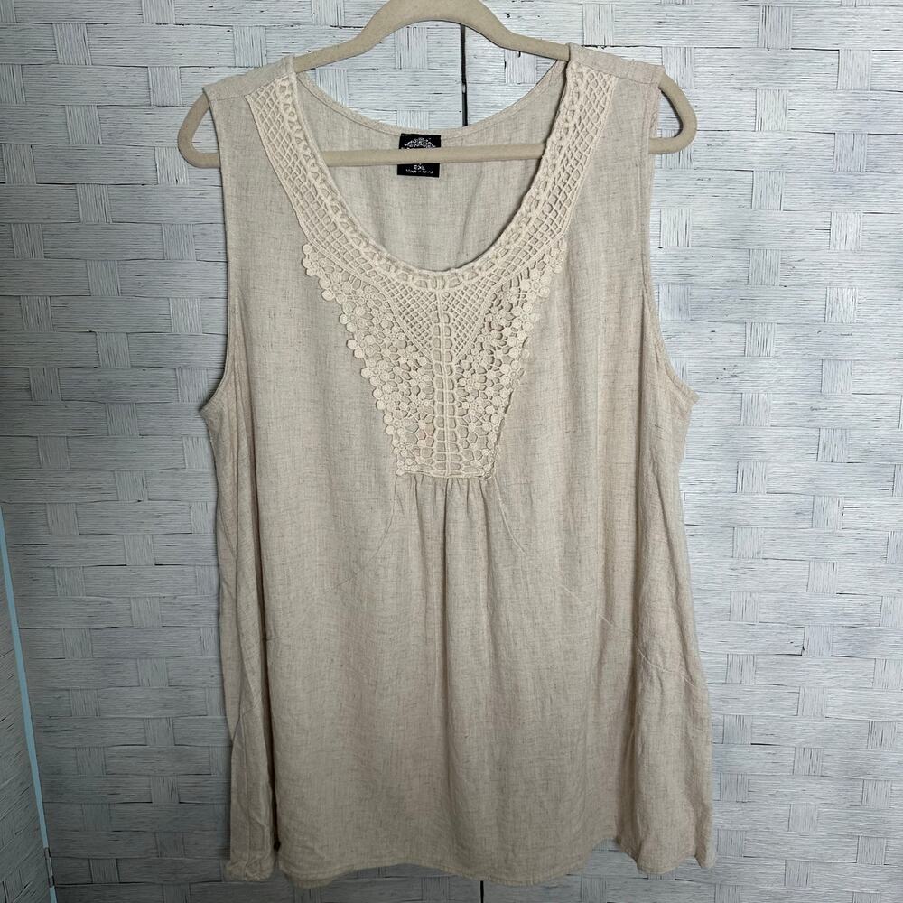 Calstyle women’s blouse linen sleeveless lace coastal bohemian‎ hippie plus size
